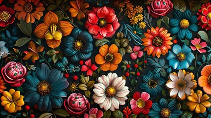 Traditional Mexican floral pattern on black background