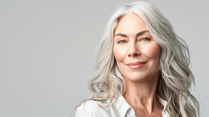 Poster - A woman with long gray hair is smiling and looking at the camera