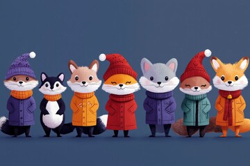 Wall Mural - Cute Cartoon Animals in Winter Clothes