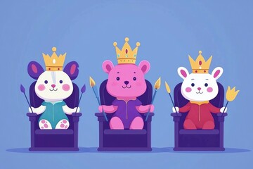 Sticker - Three Adorable Cartoon Animals Wearing Crowns and Sitting on Thrones