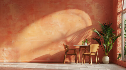 A minimalistic dining area with two chairs and a table against an orange wall. Sunlight streams through a window, casting a warm glow on the room.