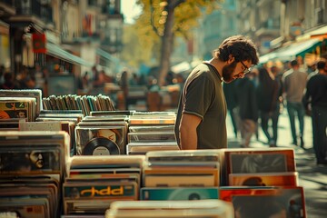 Vintage vinyl records market stall.