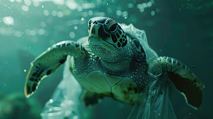 Sea turtle Caretta caretta trapped in a plastic bag. Pollution in oceans concept.