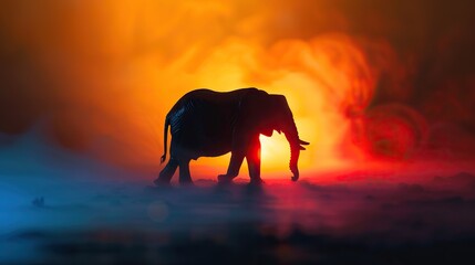 Elephant silhouette decoration with colorful backlight in foggy night.