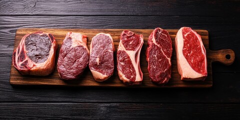 Variety of Raw Black Angus Prime meat steaks Machete, Blade on bone, Striploin, Rib eye, Tenderloin fillet mignon on wooden board