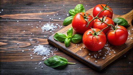 Wall Mural - Fresh ripe tomatoes and basil on a wooden cutting board with sprinkled salt