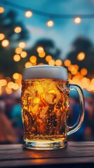 Canvas Print - Glass of beer standing on a wooden table at night with blurred people and string lights in background