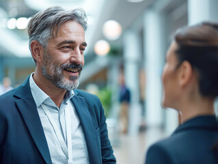 A man and a woman are talking in a hallway