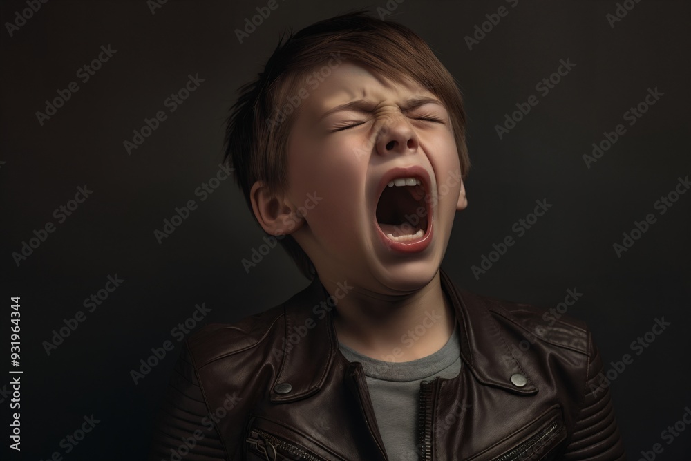 Child shouting loud. Portrait of shocked, angry, emotional little boy screaming and crying against black background. Concept for social problems, dysfunctional families, child abuse, Bullying, Stress