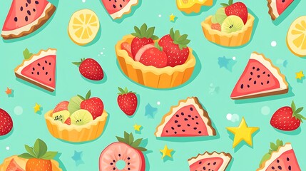 Whimsical Fruit Tart Seamless Pattern on Mint Background with Pastel Hues - Cute Cartoon Style Vector Illustration for Design Projects