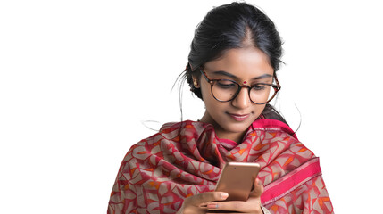 Poster - an indian smart women using phone , white background