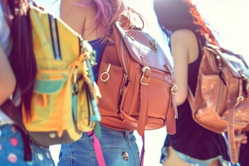 Two girls with their school bags leaving school.