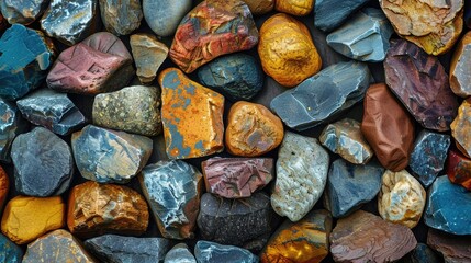 Colorful polished stones arranged on a flat surface.