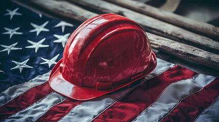 A red hard hat is securely fastened to an American flag, emphasizing safety and patriotism for Labor Day.This powerful image highlights the dedication of workers and the importance of workplace safe