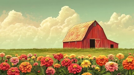 Vibrant Red Barn Surrounded by Zinnias in Field under Soft Green Sky with Fluffy Clouds - Vector Illustration with High Resolution