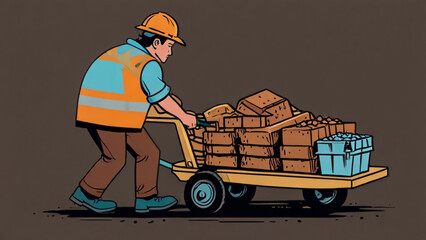 A worker pushing the wheelbarrow loaded with bricks for labor day banner with copy space Labour day background illustration for writing 