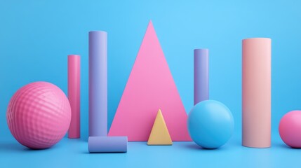 Poster - 3D illustration of geometric shapes against a blue and pink background featuring a toroid cone rectangle sphere tube cylinder and pyramid
