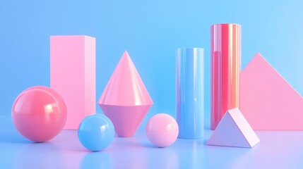 Poster - 3D illustration of geometric shapes against a blue and pink background featuring a toroid cone rectangle sphere tube cylinder and pyramid