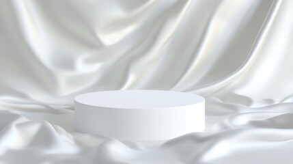 Poster - 3d render of a white podium for product display placed on smooth white satin fabric