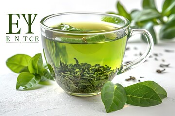 Wall Mural - A cup of green tea with a leafy garnish on top