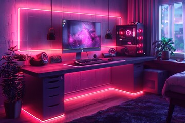 Poster - A computer gaming room with a pink wall and a pink desk