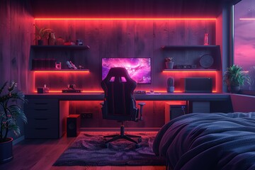 Poster - A computer room with a chair and a desk