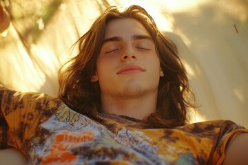 Poster - Young man lying down in a sunny field enjoying relaxation and peace captured in a natural warm outdoor setting