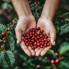 Wall Mural - Red coffee bean in hand