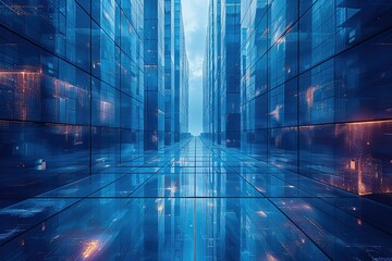 Poster - A blue cityscape with a lot of glass buildings