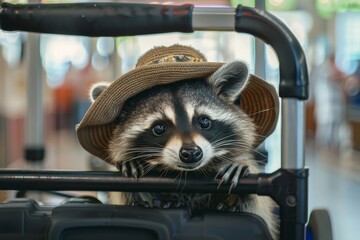 A curious raccoon in a safari hat peeks out from behind a luggage trolley at a busy bus station, surrounded by rushing people. Its big round eyes are full of wonder and mischief.