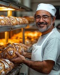 Wall Mural - Portrait of handsome baker at the bakery with breads and oven on the background