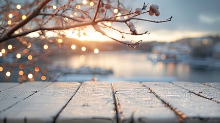 A white wooden table stands empty against a blurred winter holiday backdrop