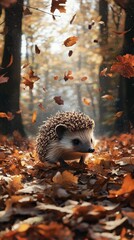 Wall Mural - Hedgehog walking on dry leaves in autumnal forest