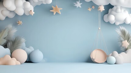 A serene baby room backdrop featuring soft clouds, stars, and playful spheres in soothing pastel colors.