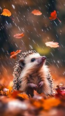 Canvas Print - Hedgehog enjoying autumn rain with falling leaves