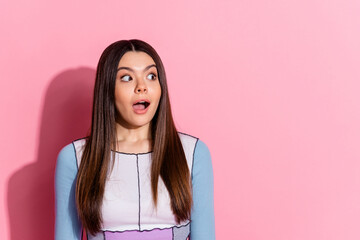 Sticker - Photo of crazy funny smart clever cute girl wear blue stylish clothes look empty space isolated on pink color background