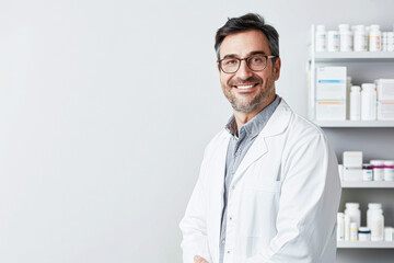 A man in a white lab coat is smiling