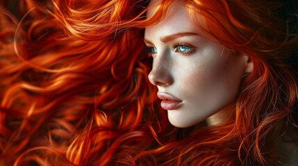 Wall Mural - Long Curly Red Hair. Fashion Woman Portrait. Beauty Model Girl with freckles and Luxurious Hair, Make up. Hairstyle. Wavy Hair Extensions Concept. Holiday Makeup. Smoky eyes and Red lipstick