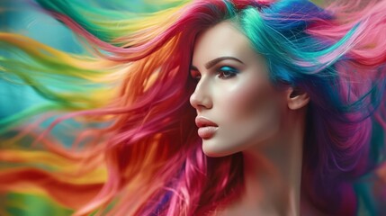 Wall Mural - Artistic Expression in Hair A Close-Up View of Multicolored Hair Strands Flowing Freely, Showcasing a Mesmerizing Blend of Vivid Reds, Oranges, Purples, and Teals