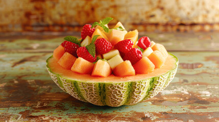 Sticker - A bowl of fruit with a melon in the center