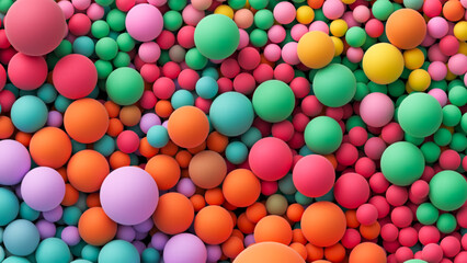 Wall Mural - Huge pile of colorful matte soft balls in different sizes and bright tones. Background with many colorful big and small random spheres. Flat lay with lots of different colored orbs. Vector background