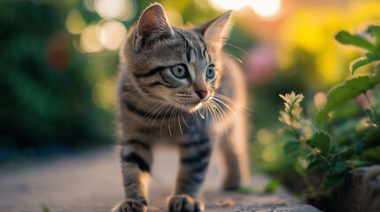 Wall Mural - Adorable Tabby Kitten Exploring Outdoors at Sunset