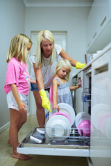 Mom, girl and dishwasher for cleaning in kitchen with teaching, bonding and routine in house. Hygiene, mother and daughter children with gloves, learning and helping hand for plates in family home