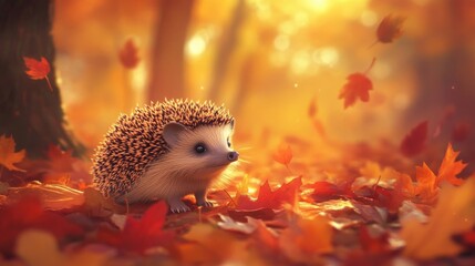 Canvas Print - Adorable hedgehog exploring autumn leaves in enchanted forest