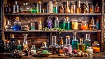 of occult magic magazine and shelf with various potions, bottles, poisons, crystals, salt. Alchemical medicine concept, occult