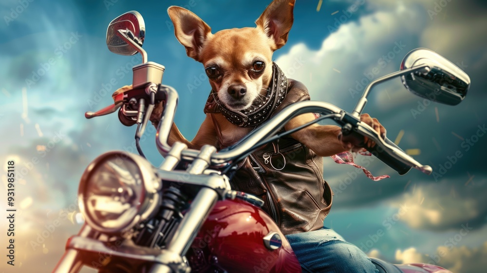Charming chihuahua in leather vest riding a motorcycle against a ...