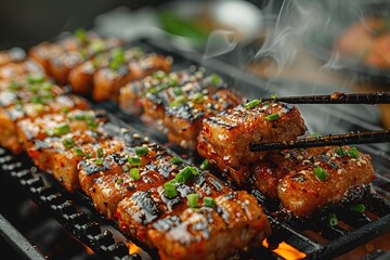 Wall Mural - A plate of meat is being cooked on a grill