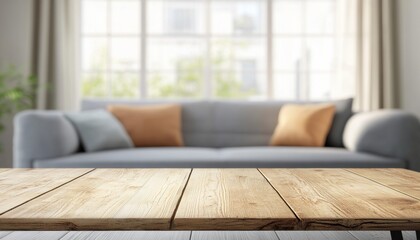 Wall Mural - Creative Abstract Living Room Blur with Cork Table Surface: Artistic UI Web Poster Design for Marketing. AI-Generated 4K Wallpaper Featuring Soft Focus Interior and Natural Texture for Modern Home Dec