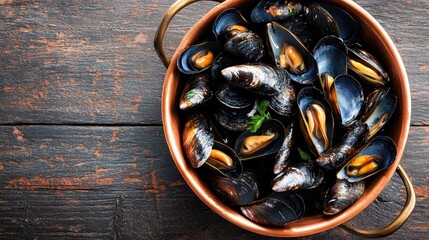 A close-up of a rustic copper pot filled with steaming hot mussels, their shells slightly open revealing their orange flesh, garnished with fresh parsley on a weathered wooden table, cinematic moody l