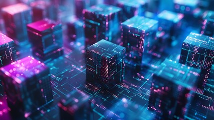 Wall Mural - digital cityscape with glowing cubes